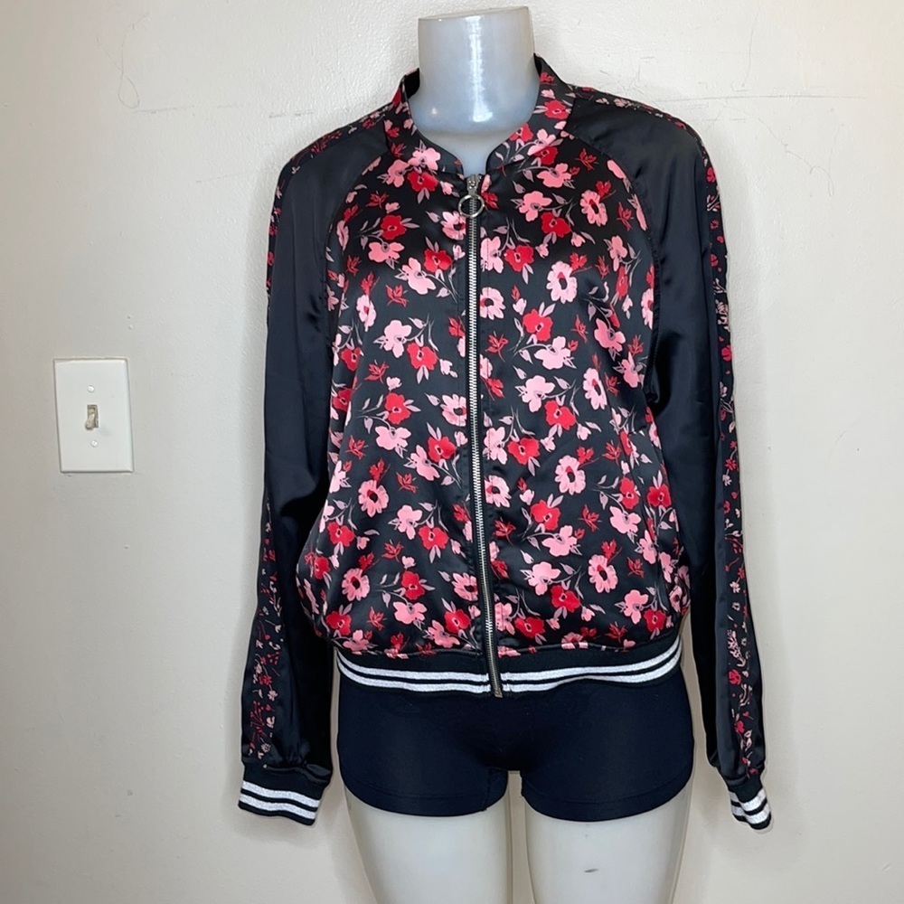 Express Silky Floral Satin Bomber Jacket Black Pink Red Size Large